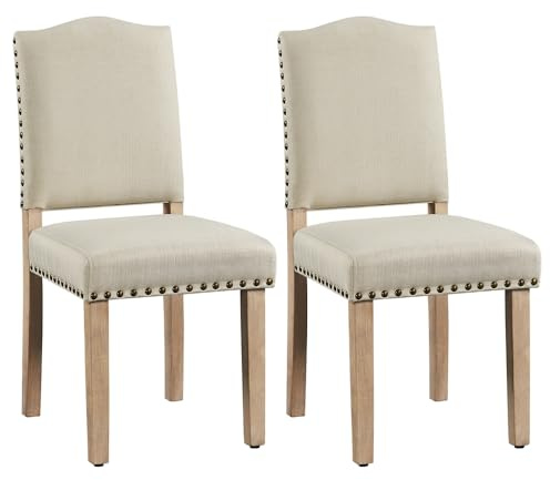 Yaheetech 2PCS de Sillas de Comedor de Respaldo Alto, Sillas de Cocina, Piernas de Madera Maciza, Diseño Clásico, Reposabrazos con Botones de Bronce y Asientos Acolchados Beige