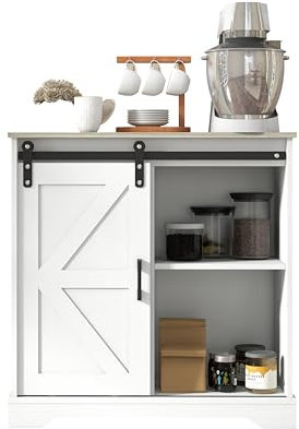 Panana Sideboard, Küchenschrank mit Schiebetür und Verstellbarem Regal, Aufbewahrungsschrank für Küche, Wohnzimmer, Esszimmer (Weiß+Holz)