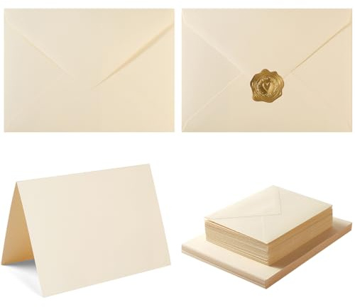 50 Pack Cream A7 Envelopes with Cards 5x7 Thick Folded Cardstock and Gold Stickers for Greeting Cards, Wedding, Birthday, Invitations, Baby Showers (Cream, 5x7)