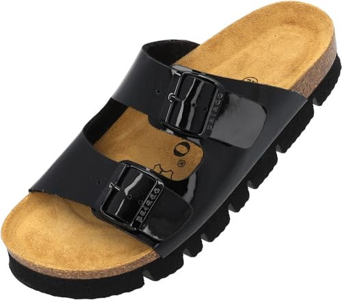 Palado Pantoletten Damen Korfu PL Lack - gefertigt in Spanien - edles Lack-Design - Veloursleder-Decksohle - bequemes Weichfußbett - Plateau-EVA-Sohle Schwarz UK4,5 - EU37