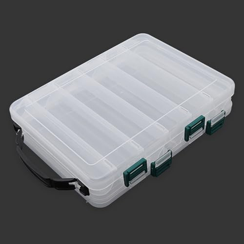 OriGlam Scatola per esche da pesca a doppio lato, trasparente con esche visibili, contenitore in plastica per attrezzi da pesca con ganci per calamari (10 griglie 20x16x5cm)