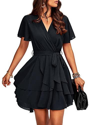 TcIFE Women's Casual Dress Deep V-Neck Short Sleeve Waist Tie Ruffle Chiffon Elegant Mini Short Swing Skater Dresses Black