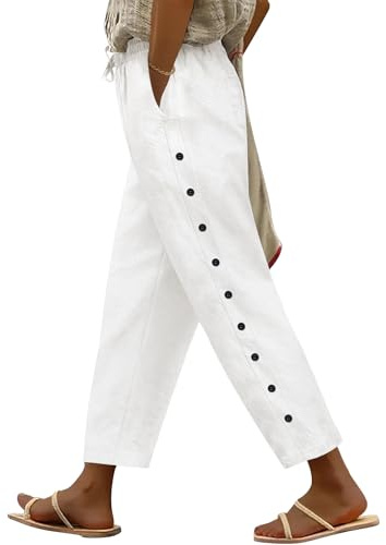 Voqeen Pantalon Femme Été 7/8 Pantacourt Fluide Léger avec Poches Pants de Plage Ample Décontracté Taille Elastique en Coton Pantalon de Travail avec Cordon