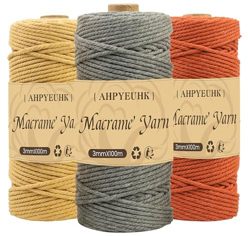 Fil De Macramé 3mm Corde Macramé 3 Rouleaux Cordons pour Macramé Naturel De,Ficelle en Coton pour Suspension Murale,Suspension Plantes,Noël Tricot Travaux Manuels (Café Autre Rouge Gris foncé)