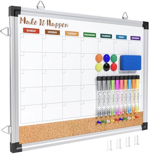Marsrock Monthly Dry Erase Board and Cork Board Combo for Wall, 17x13 Reversible Hanging Dry Erase Board, Double Sided White Board with Aluminum Frame for Planning, Office, Kitchen, School, Home