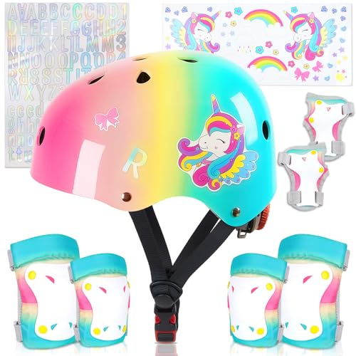 Unicorn Castle Casco Bici Protezioni Set per Bambini Regolabile Gomitiere Polso Ginocchiere per Skate Bicicletta Pattinaggio Monopattino e Altri Sport Estermi(3-8 Anni）