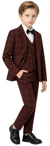 LOLANTA Garçon Costume 5 Pièces Classique Slim Fit Mariage Bal Tuxedo Veste Pantalon Gilet Chemise avec Nœud Papillon（Bordeaux, 7-8 Ans, 130