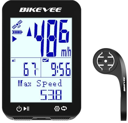 Bikevee Wireless GPS Bike Computer 2.4 Display Altitude Speed Distance Backlight IPX7 Waterproof for Road MTB Cycling - Out Front Extended Mount(Black)