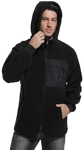 Mnking Veste Polaire Homme Hiver à Capuche Sherpa Sweat Hoodie Zippée Chaude Teddy Manteau Coupe-vent pour Outdoor Randonnée Ski Course FS6586M-Black-XL