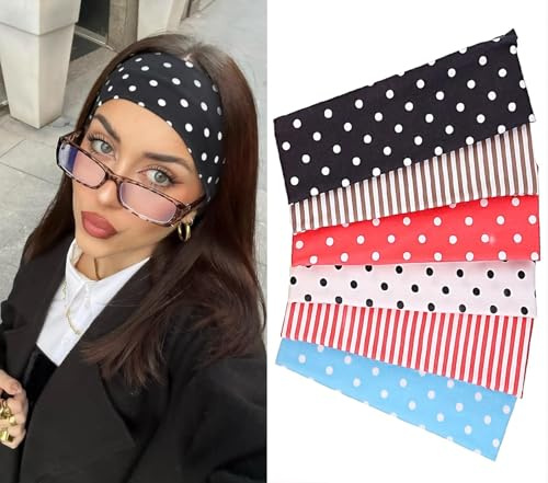 Auroriel 6-Pack Women's Striped and Polka Dot Headbands Made of Soft Elastic Fabric Without Slipping Striped Polka Dot Design Hair Bands for Girls