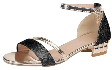 Generiska sandaletter med klack, guld, sommarskor, damer, bekväma, eleganta ankelremmar, sandaler, halkfria fritidsskor, moderna sommarsandaler med låg klack, fritidssandaler