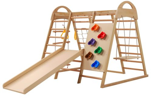 Armazón de escalada 7 en 1 de madera maciza y haya – Triángulo de escalada con columpio, tobogán y red de escalada – Altura ajustable, función de tienda de campaña, torre de juego para niños a partir