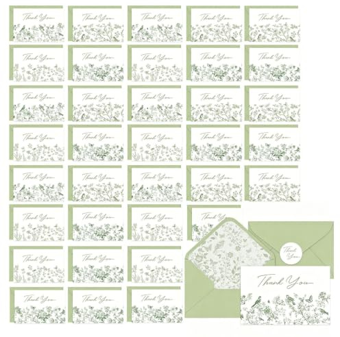 Duokon 36Pack Tackkort med Kuvert och Matchande Klistermärken | Kartong, eleganta gröna blommor, förtjockade anteckningskort med tomma blommor, bröllop, bröllopsduschar alla tillfällen