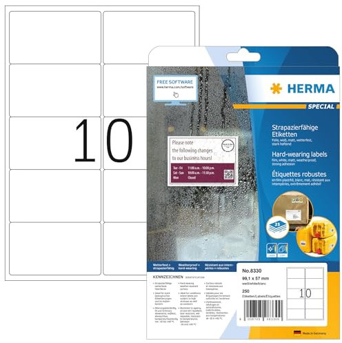 HERMA 8330 Wetterfeste Versandetiketten, 25 Blatt, 99,1 x 57 mm, 10 pro A4 Bogen, 250 Stück, selbstklebend, bedruckbar, matt, blanko Adressetiketten Aufkleber aus Folie, weiß