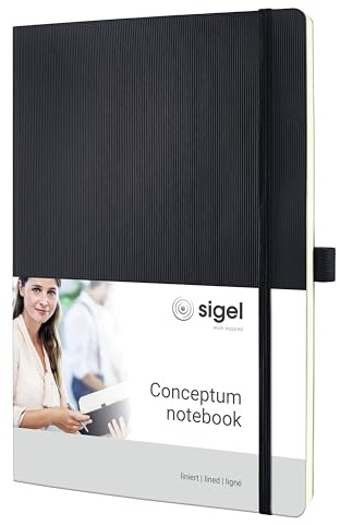 SIGEL CO311 Premium Notizbuch A4 liniert schwarz, Softcover, 194 nummerierte Seiten, nachhaltiges Papier, mit Inhaltsverzeichnis, Stiftschlaufe, Falttasche, Gummibandverschluss, Conceptum
