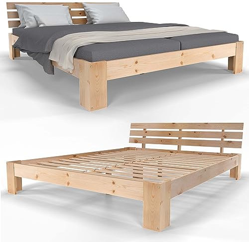 SANZARO Holzbett 160 x 200 cm - Massivholz Bett Kiefer Doppelbett Balkenbett Bettgestell Bettrahmen Lattenrost, Natur