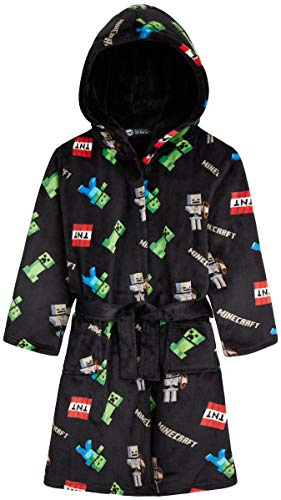 MINECRAFT Accappatoio Bambino Incappucciato Vestaglia in Pile con Tasche Creeper Abbigliamento da Casa Regalo Ragazzo (13-14 Anni, Nero)
