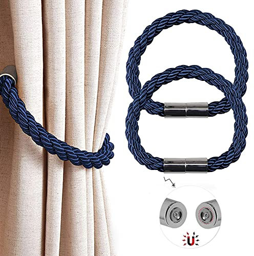 Magnetic Curtain Tie Backs, 2 Pack Braided Rope Curtain Holdbacks with Strong Magnet, 22 Inch Holder Decoration for Thin or Thick Home and Office Curtains, Blue