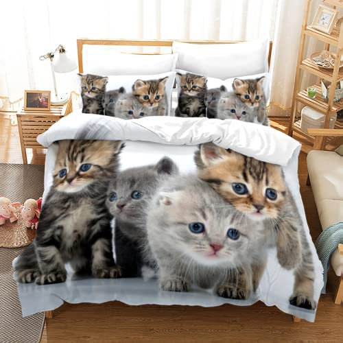 AANKA 135X200 cm Mikrofaser Bettwäsche Weich Bequem Kinderbettwäsche Katze Katzen Katzenmotiv Kinderbettwäsche 135X200 + 2X Kissenbezüge 80X80Cm