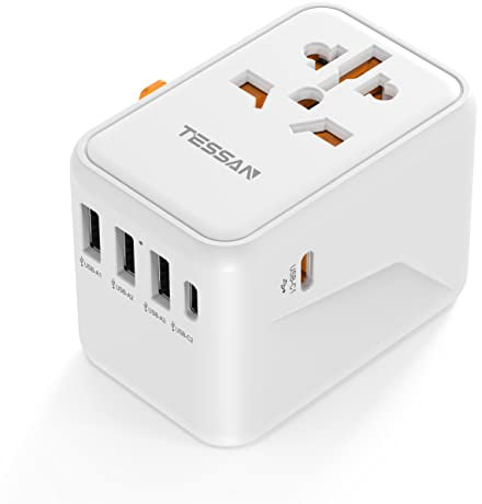 TESSAN 45W PD Adaptador Enchufe Universal Carga Rápida, Enchufe Universal Viaje, Adaptador de Viaje con 3 USB A y 2 USB C, Adapter Internacional para Americano UK Australia