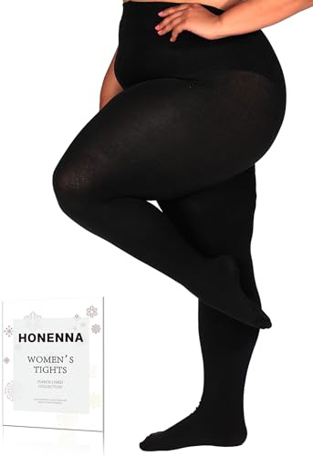 HONENNA Queen Plus Size Fleece Lined Tights, 6 Colors Thermal Warm Winter Tights for Women, 1 Pair Black 5X+