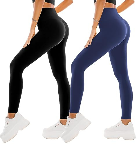 SINOPHANT 2 Confezione Leggins Sportivi Donna a Vita Alta, Pantaloni Yoga Controllo della Pancia Opaco Elastici Leggings,S-M,Nero/Blu Marino