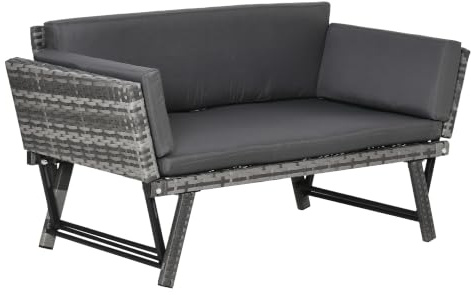 Outsunny Divano 2 Posti Braccioli Estensibili Rattan Grigio | Divano Esterno, da Giardino, 29x63x67cm