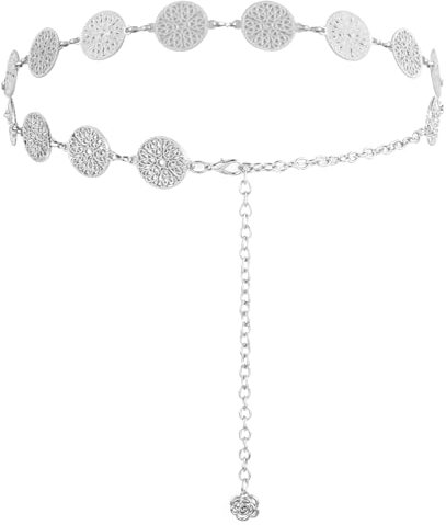 Jeffdad Hohles Kreis Kettengürtel, Retro Damen Concho Taillengürtel Einstellbar Taillenkette Boho Legierung Taille Gürtel Waist Chain Metall Western Cowgirl Gürtel für Kleid(Silber)