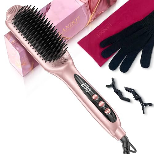 LANDOT Heated Straightening Brush: Negative Ion Ceramic Straightener - Hot Flat Iron for Smooth Frizz-Free Hair - Dual Voltage Anti-Scald Fast Heating