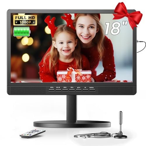 Desobry 18 inch Small TV with Antenna, Portable TV with Freeview DVB/T2 Tuner, 6000mAh Rechargeable Battery Mini television with Stand for Outdoor Camping, Bedroom, Kitchen