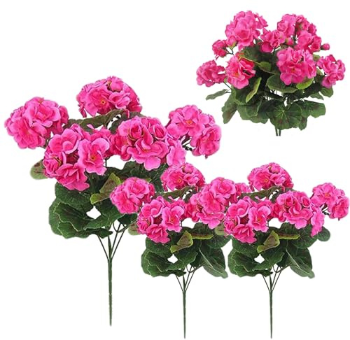 Falska pelargon, 3 st konstgjorda pelargon för utomhus 35,5 cm silke utomhus konstgjorda blommor UV-resistenta böjbar falsk blomma långvarig för hem bröllop dekor rosenröd