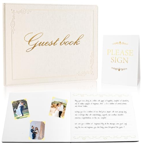 Rolarhola 8x10 Leather Guest Book and Standup Sign Set, Gold Foiled Cover Registry Book for Wedding Reception, Retirement Party, Vacation Homes and Events, 120 Pages (White)