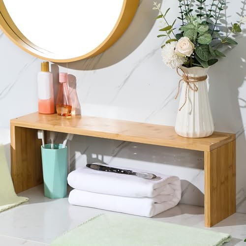 Menkxi Bamboo Over the Sink Shelf Bathroom Shelf Organizer Over the Faucet Wood Pedestal Soap Stand Farmhouse Bathroom Decor Over the Sink Shelves (23.62 x 7.87 x 5.91 Inches,Bamboo Color)