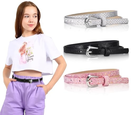 ertlutw 3pcs Girls Belts, Children's Belts for Girls, Cute Shiny PU Leather Belt for Kids Belt & Fashion Glitter Style on Jeans Dresses Jumpsuit Trousers