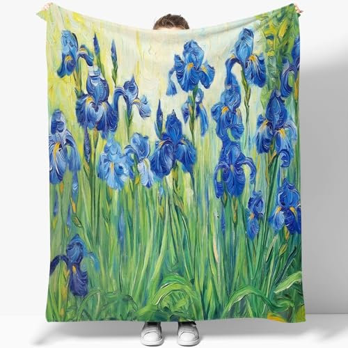 Kuscheldecke Blumen Ölgemälde Iris Motiv Fleecedecke Für Mädchen Jungen 220 x 240 cm Weiche Kuscheldecken Nickerchen-Decken Grün Druck Sherpa Warm Decken Dekorative