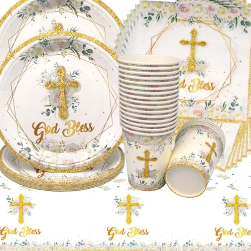 Stoviglie per Feste Comunione,Doyomtoy God Bless Decorazioni Battesimo Tema Piatti di Compleanno, Tazze, Tovaglioli per Baby Shower Decorare Feste di Battesimo con Croce 20 Ospiti