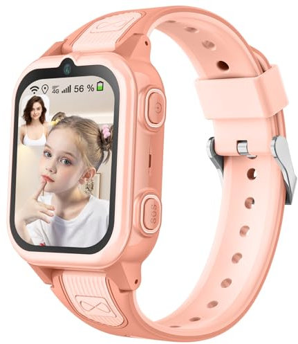 Smartwatch Kinder GPS mit 4G WLAN Uhr Telefon Kindersicherung Videoanrufen Wasserdicht SOS SMS Klassenzimmermodus Ablehnen Unbekannter Anrufe Wecker Musik Video-Player für Jungen Mädchen (Rosa)