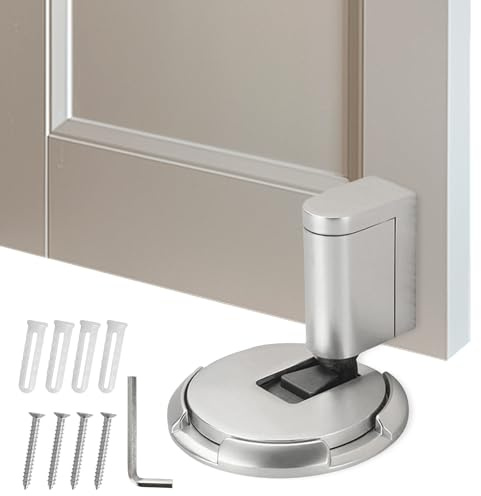 Butée de Porte Mécanique Silencieuse, Bloc Porte Mécanique, Dispositif de Retenue de Porte en Métal sans Perforation, Autocollant et Réglable pour l'intérieur, Sol et Mur (Argent)