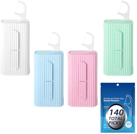 4-Pack Pop-Up Floss Pick Dispenser with 100 Refills - Portable Automatic Dental Floss Holder & Travel Case Set, Color-Coded Reusable Organizer Boxes for Family, Car, Office & Purse (Assorted Colors)