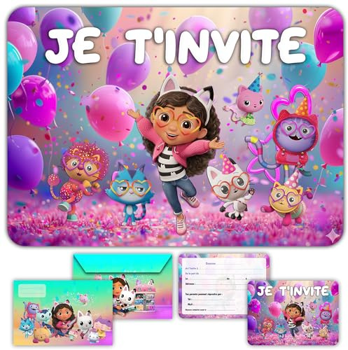 Glowiibo Fun4kid 12 x Cartes Invitation Anniversaire Chat avec Enveloppes Assorties - Idéal Enfant Fille - Cartons Préremplis en Français pour Fête et Anniversaire