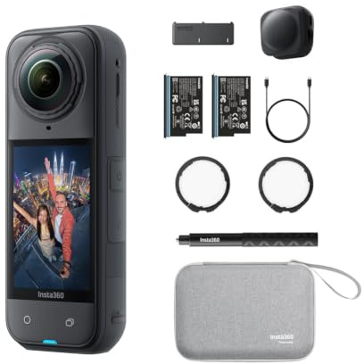 Insta360 X5 Pack Essentiels Noir - caméra 360 8K étanche, Basse lumière de Pointe, Perche à Selfie Invisible, objectifs Robustes et remplaçables, 3h d'autonomie, Pare-Vent intégré