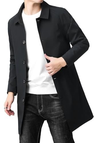 Slim Fit Windbreaker trenchcoat för män enkelknäppt vardaglig ytterrock termisk vår vinter lång ärtrock, Svart, M