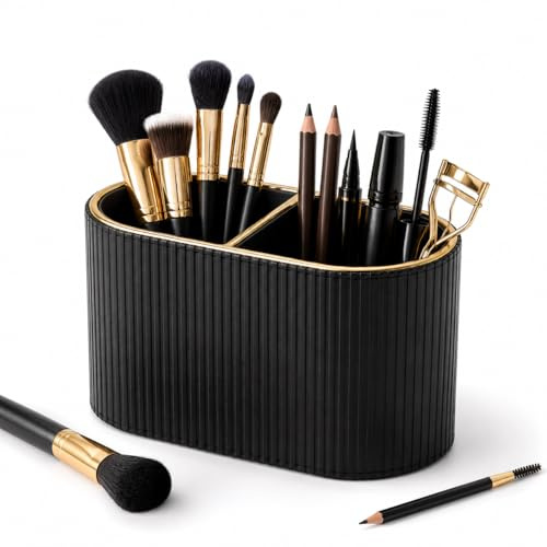 GORESE Organizador de Maquillaje,Soporte para Brochas de Maquillaje Almacenaje de Cosméticos de Piel con 2 Ranuras,Organizador Perfumes Organizador de Escritorio para Dormitorio Sala de Estar(Negro)