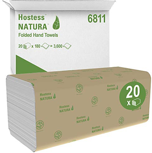 Hostess Natura, 6811, Essuie-Mains Pliés, 2 Épaisseurs, Blancs, 20 paquets de 180 feuilles