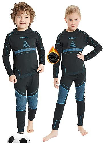 NOOYME Funktionsunterwäsche Kinder Skiunterwäsche Kinder Thermounterwäsche Kinder Atmungsaktiv & Hautfreundlich Sportunterwäsche Kinder Fussball,Schwarz-blau (140/146) 140-145cm