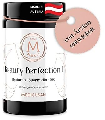 Medicusan Beauty Perfection I – 200mg Hyaluron - 1mg Spermidin – 11.250mg OPC Traubenkern – 100% NRV Biotin, Kupfer, Mangan – Brennnessel, Lavendel, Löwenzahn uvm. – 2 Kapseln/Tag – 60 STK/30 Tage