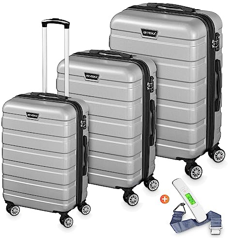 VESKA 3tlg. Hartschalenkofferset Hard Shell Reisekoffer Kofferset Trolley Koffer Hartschalenkoffer Reisekofferset Rollkoffer TSA Zahlenschloss 4 Rollen ABS-Hartschale M-L-XL (Silber)