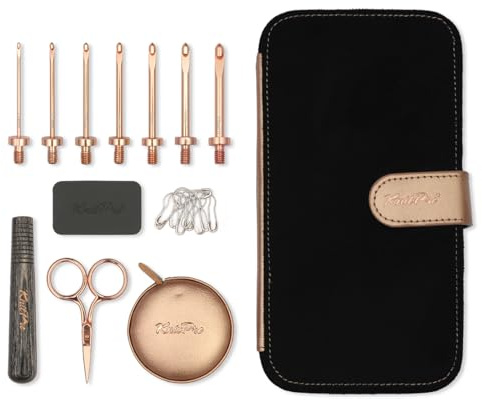 KnitPro Oasis Starter virkningsset – 1 trähandtag, 7 krokar i storlekar 2 mm till 5 mm, 1 roséguld sax, 1 måttband, 10 metallmarkörer, 1 gripare