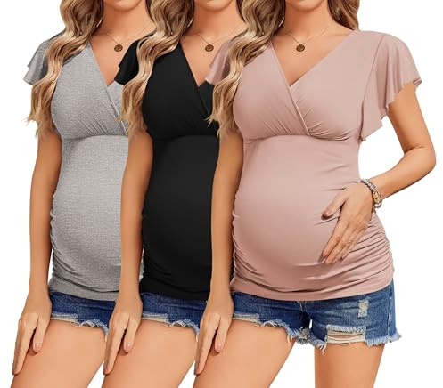 Ekouaer Maternity Shirts 3 Packs Flying Short Sleeve Pregnancy Tee Top Side Ruched Nursing Clothes Light Grey/Black/Pink S