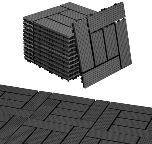Eulenke WPC terrassplattor 33 stycken, 30 x 30 cm terrassbrädor för balkonggolv, klickterrassplattor, balkongplattor i träutseende, golvbeläggning väderbeständig för terrass, för 3 m², mörkgrå